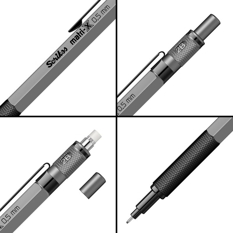 Scrikss 05mm Mechanical Clutch Lead Pen Pencil Matte Grey Body MatriX Series Eraser Included - Image 2