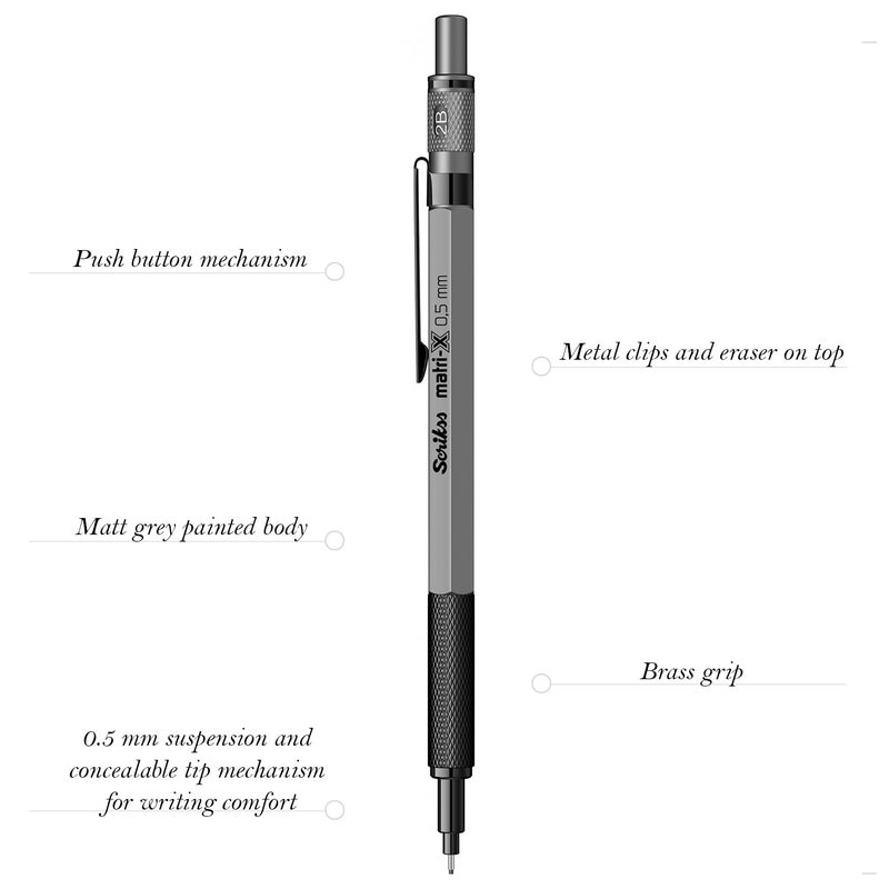 Scrikss 05mm Mechanical Clutch Lead Pen Pencil Matte Grey Body MatriX Series Eraser Included - Image 3