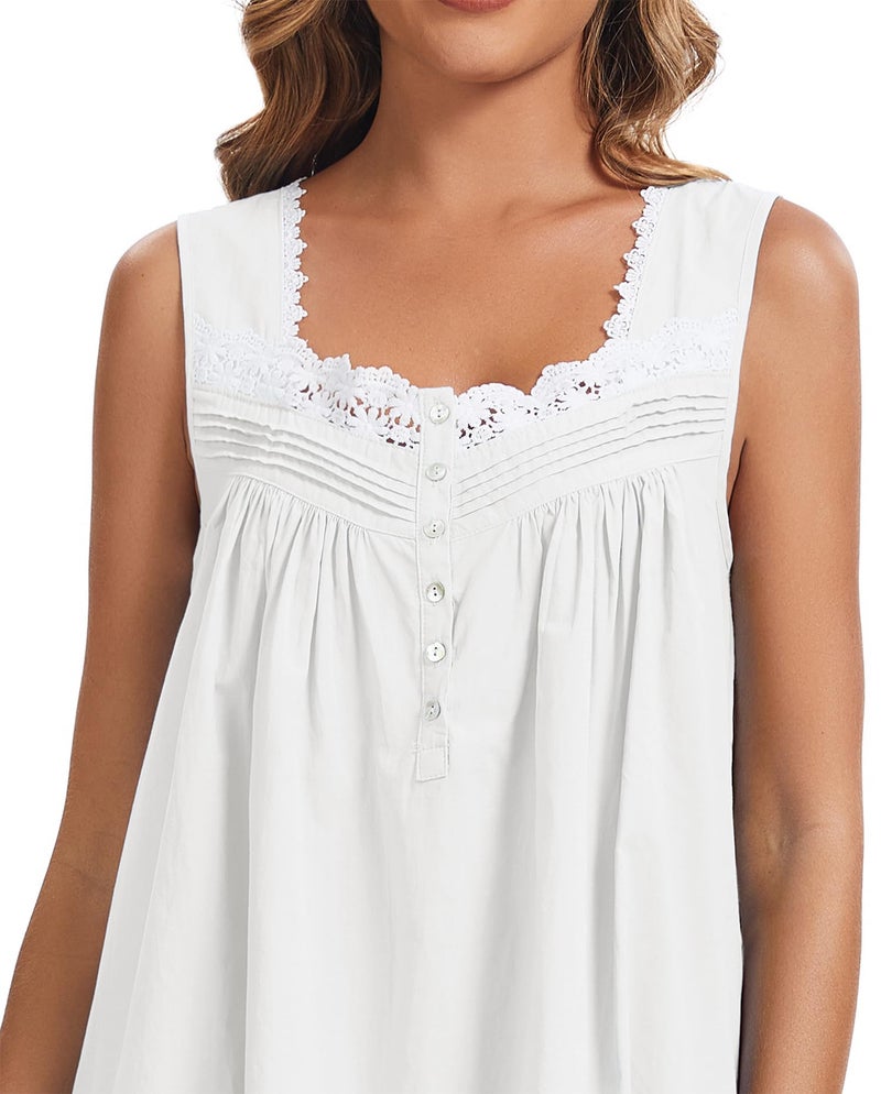 AVIIER 100% Cotton Nightgowns for Women Sleeveless Night Gown with Pockets White L - Image 5