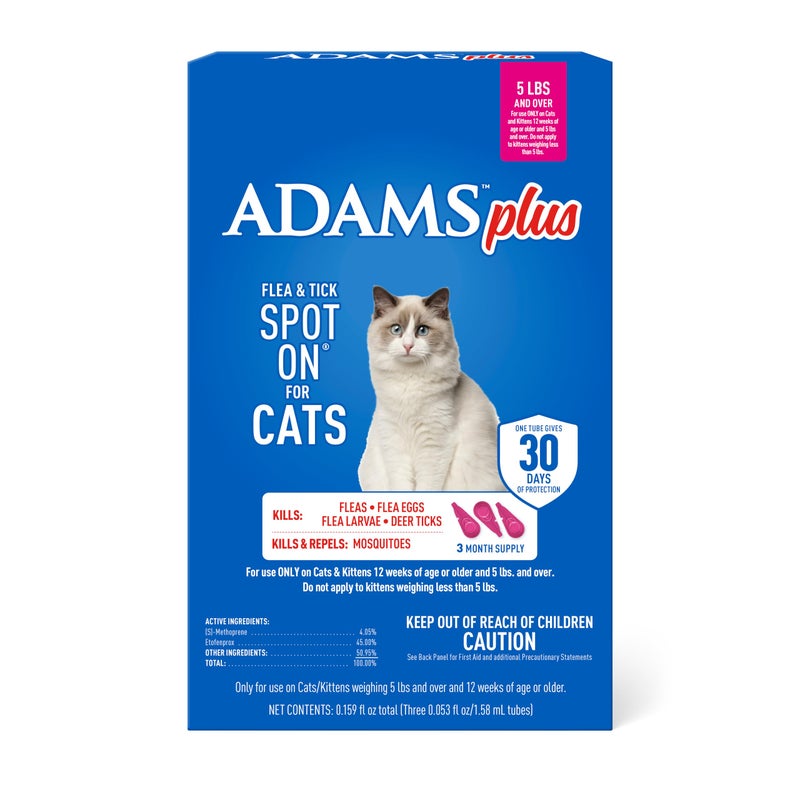 ADAMS Plus Flea and Tick Prevention Spot On for Cats, 5 lbs and Over, Kills Fleas, Flea Eggs, Flea Larvae and Deer Ticks, Kills and Repels Mosquitoes for 30 Days, 3-Month Supply, 3 Pack - Image 1