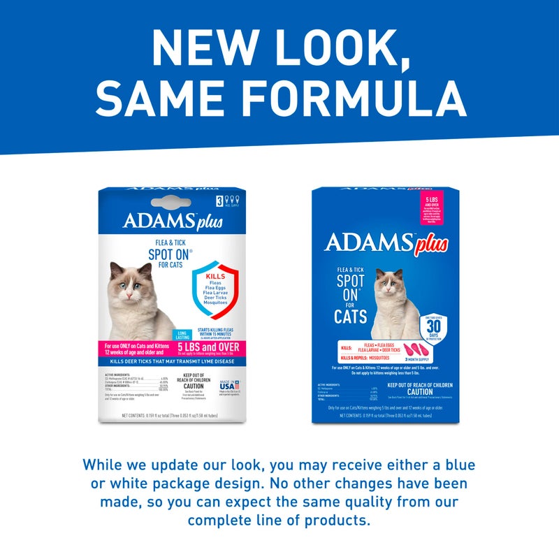 ADAMS Plus Flea and Tick Prevention Spot On for Cats, 5 lbs and Over, Kills Fleas, Flea Eggs, Flea Larvae and Deer Ticks, Kills and Repels Mosquitoes for 30 Days, 3-Month Supply, 3 Pack - Image 2