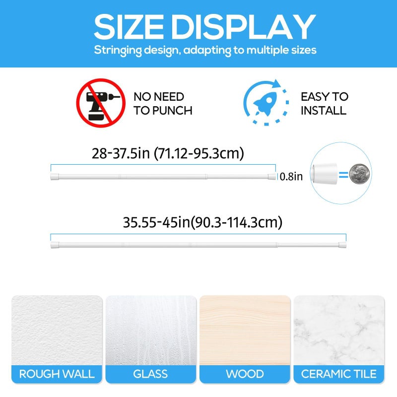 ZipGlo 1 Pack Spring Tension Rods 28-45 Inches, 5/8 Inch Diameter White No Drill Spring Loaded Adjustable Extendable, Small Short Tension Curtain Rod for Windows Kitchen Doorway Closet Cupboard - Image 2