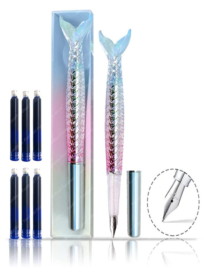 APCATIO Fountain Pen - Mermaid Design, Medium Point Nib, Pen for School, Office, Kawaii Pen Set(1 Pen, 7 Refills-Blue Ink) - Image 1