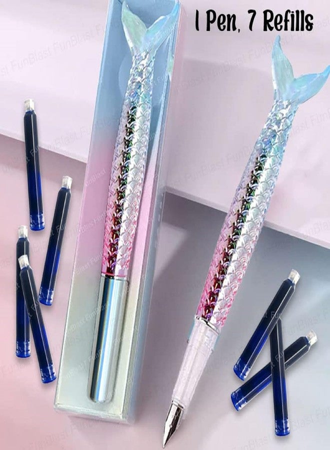 APCATIO Fountain Pen - Mermaid Design, Medium Point Nib, Pen for School, Office, Kawaii Pen Set(1 Pen, 7 Refills-Blue Ink) - Image 5