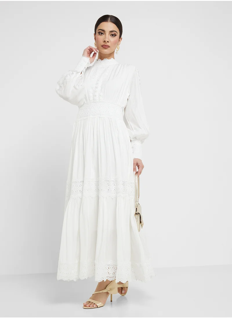 Khizana Tiered A-Line Dress With Lace Trims