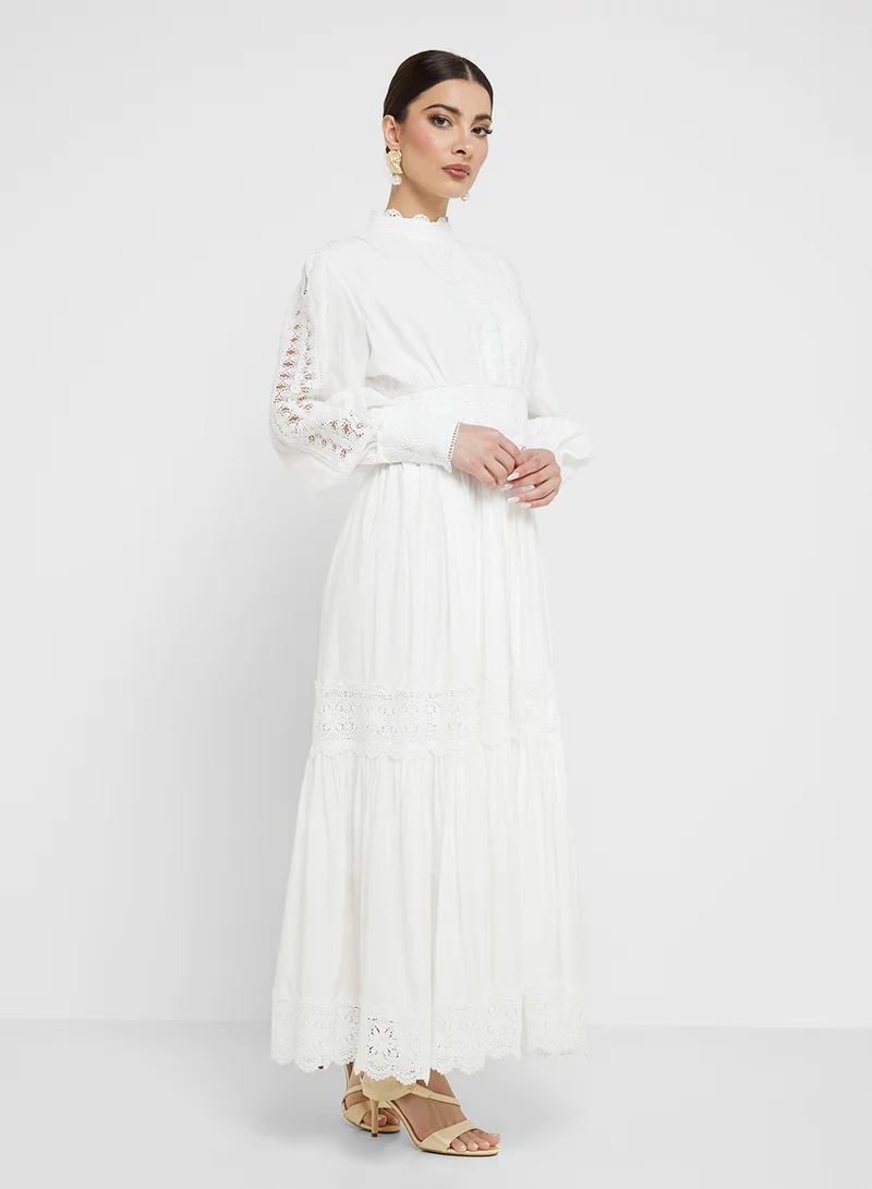 Khizana Tiered A-Line Dress With Lace Trims