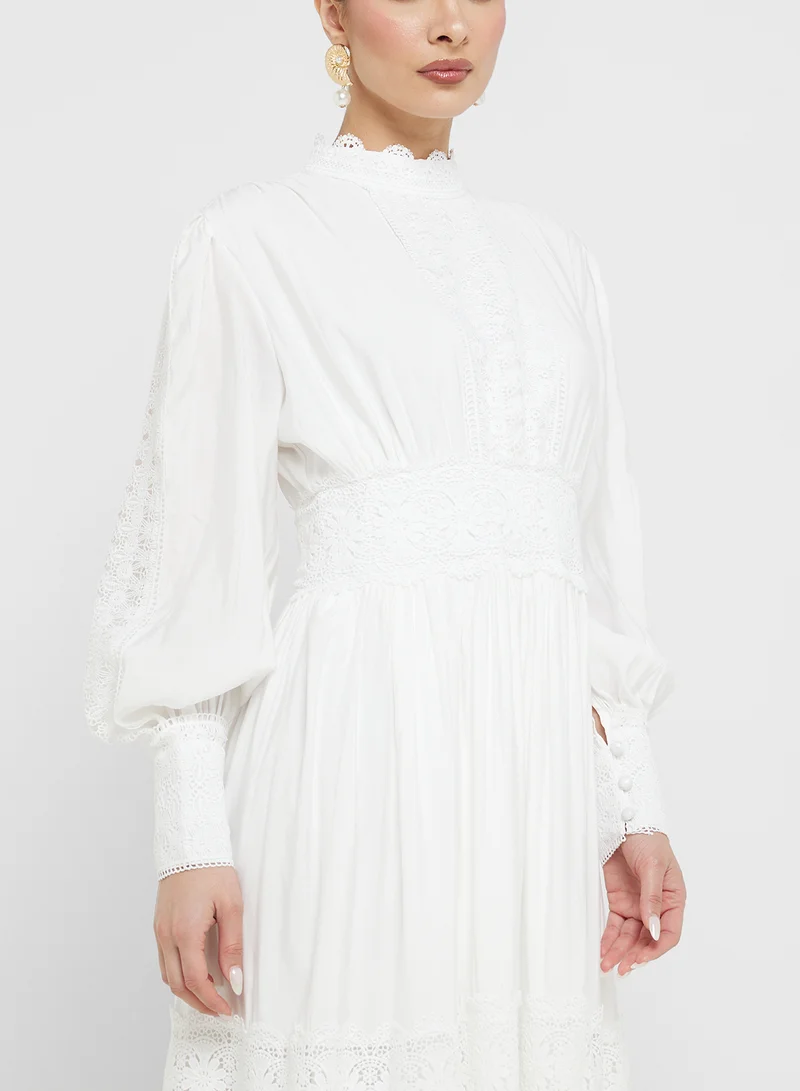 Khizana Tiered A-Line Dress With Lace Trims