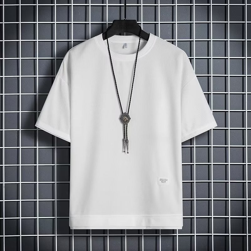 Waffle Short-Sleeved T-Shirt Men'S Youth Handsome Fashion Round Neck Fake Two-Piece Boys' Sports Top - Image 1