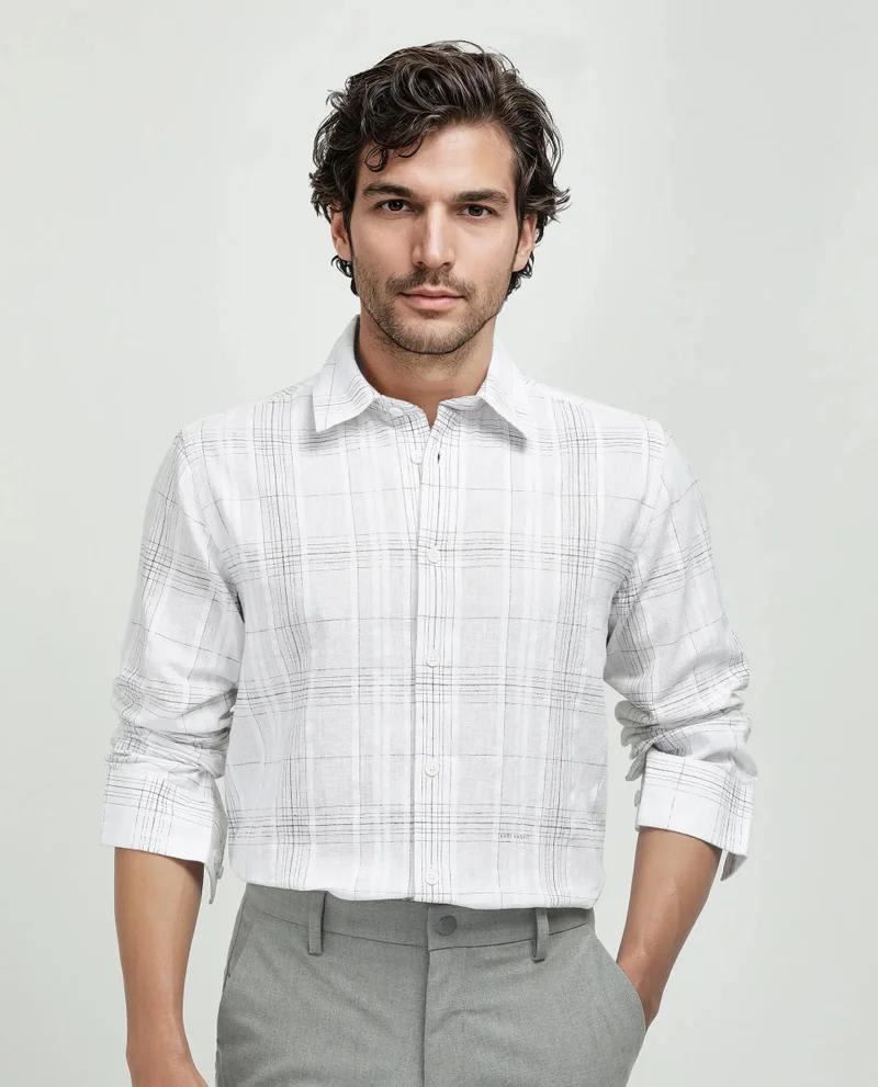 Rare Rabbit Rare Rabbit Men's Cols White Cotton Fabric Full Sleeve Spread Collar Button Closure Checked Shirt