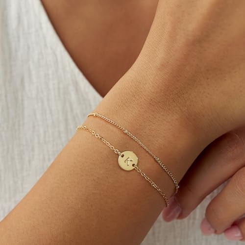 MONOZO Initial Bracelets for Women Jewelry Gifts - 18K-Gold-Plated Layered Letter Initial Bracelet Dainty Disc Letter K Initial Bracelets for Women Trendy Jewelry Gifts - Image 3