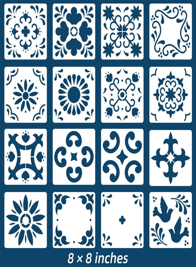NEGLEX 16 Pack Tile Stencil Set (8X8 Inch), Mexican Stencil Pattern, Use As Floor Stencils Or Wall Stencils, Reusable Stencils for Painting Floor Furniture Canvas, DIY Mexican Talavera Home Décor - Image 1