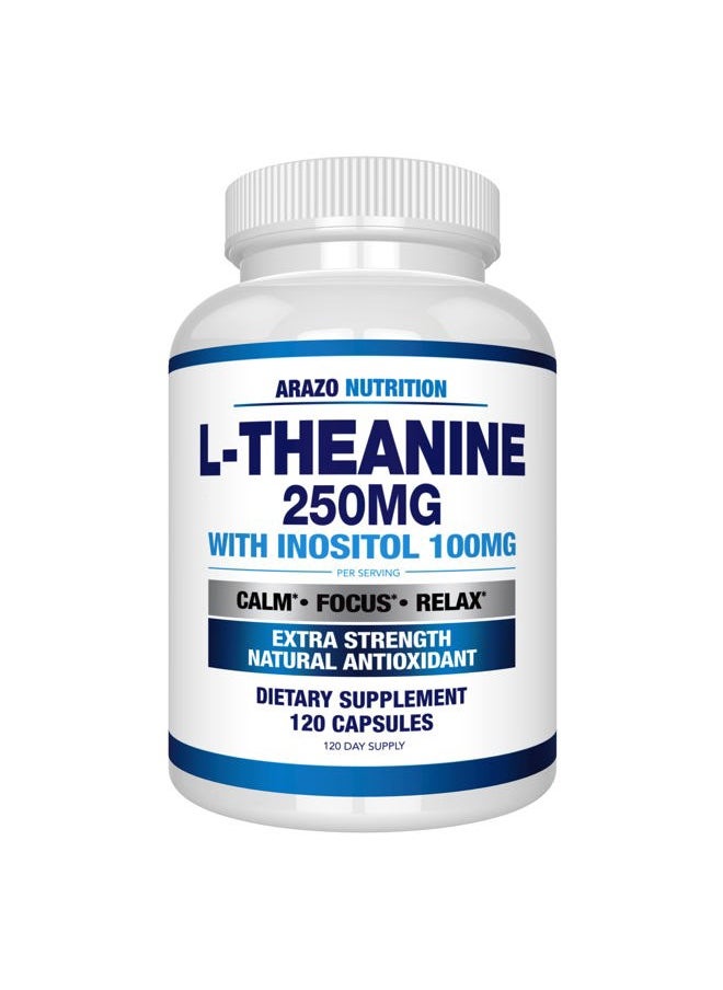 Arazo Nutrition L-Theanine 250mg (Extra Strength) with Inositol 100mg, 120 Capsules Vegetarian  - Image 1