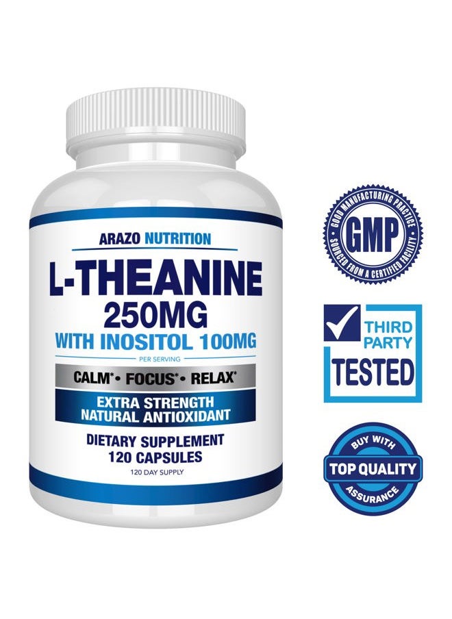 Arazo Nutrition L-Theanine 250mg (Extra Strength) with Inositol 100mg, 120 Capsules Vegetarian  - Image 2