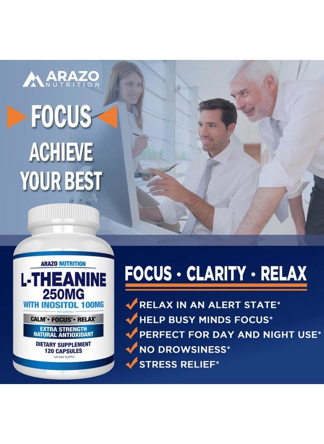 Arazo Nutrition L-Theanine 250mg (Extra Strength) with Inositol 100mg, 120 Capsules Vegetarian  - Image 4