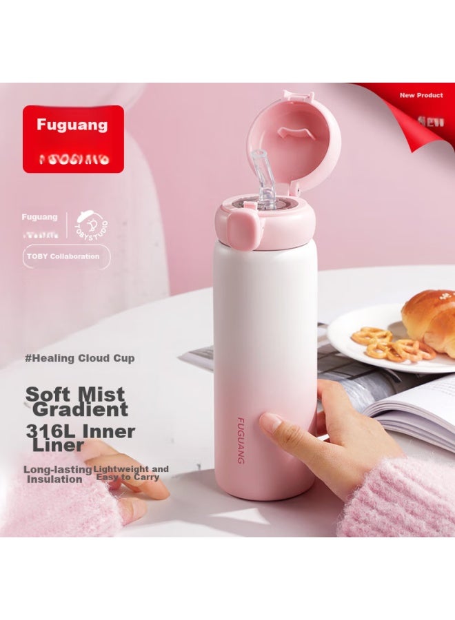 Fga Fuguang Children's Insulated Cup, 316l Stainless Steel Straw, Maternity Water Bottle, Student Portable Drinking Cup, Spring Lid Cup, Pink - Image 1