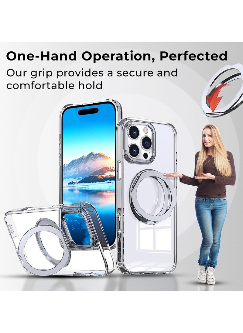 glassology - iPhone 16 Pro Max 360° Rotate Ring Stand MagSafe Case Shockproof Wireless Charging Compatible Adjustable Kickstand (Clear) - Image 1