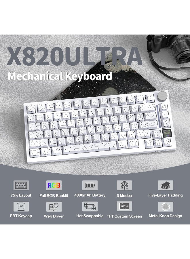 هجوم القرش X820Ultra Tri-mode Gasket Mechanical Keyboard 75% Gasket-mounted Bluetooth 5.1/2.4G Wireless & Type-C Wired Mechanical Keyboard - White Contours +Gift Switch - Image 4