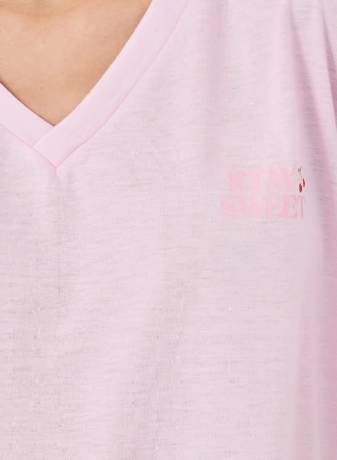 Styli Styli Cherry Print V-Neck T-Shirt and Printed Pyjama Set