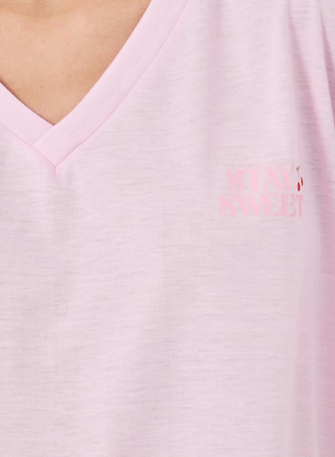 Styli Cherry Print V-Neck T-Shirt and Printed Pyjama Set - Image 3