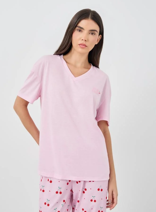 ستايلي Styli Cherry Print V-Neck T-Shirt and Printed Pyjama Set
