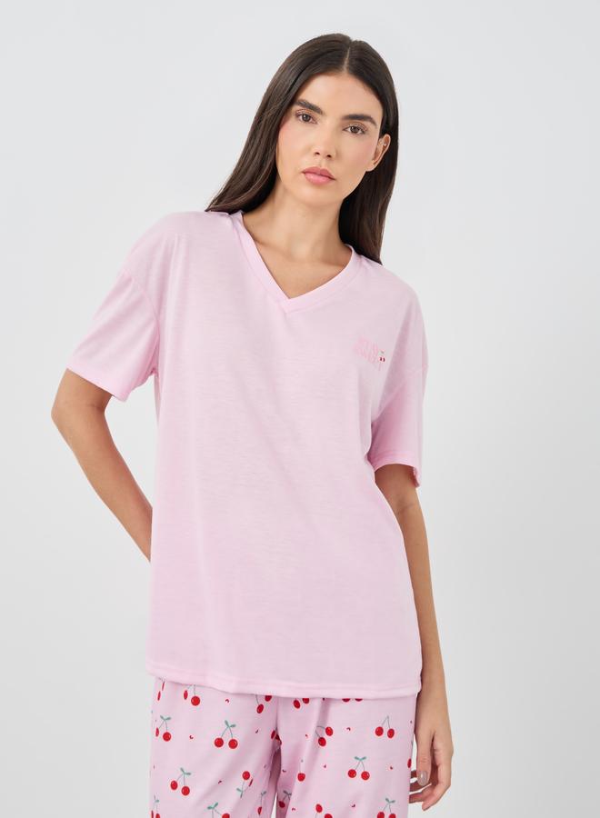 Styli Cherry Print V-Neck T-Shirt and Printed Pyjama Set - Image 2