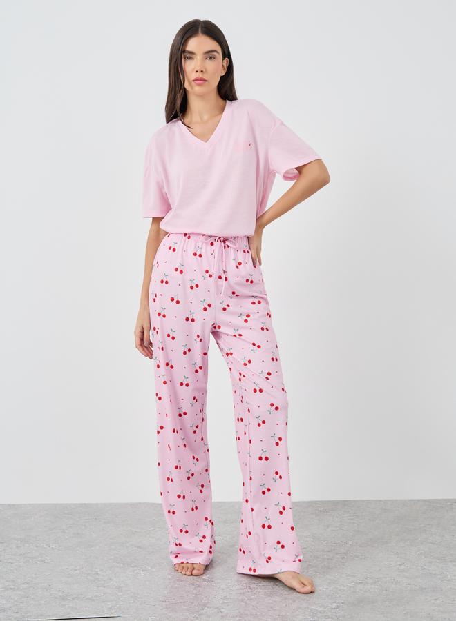 Styli Cherry Print V-Neck T-Shirt and Printed Pyjama Set - Image 4