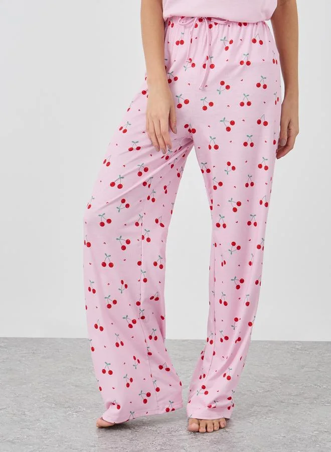 Styli Styli Cherry Print V-Neck T-Shirt and Printed Pyjama Set