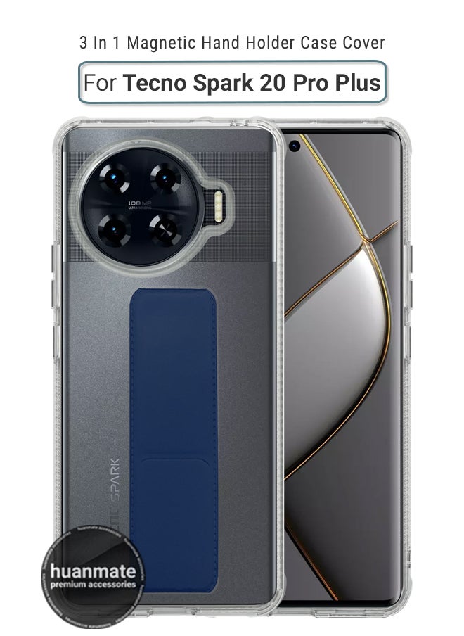 huanmate - Tecno Spark 20 Pro Plus Magnetic Case With Hand Grip Holder & Kickstand - Strong Grip for Magnetic Car Holder, Stylish & Functional, Ultimate Convenience & Hands-Free Viewing - Clear/Navy Blue - Image 1