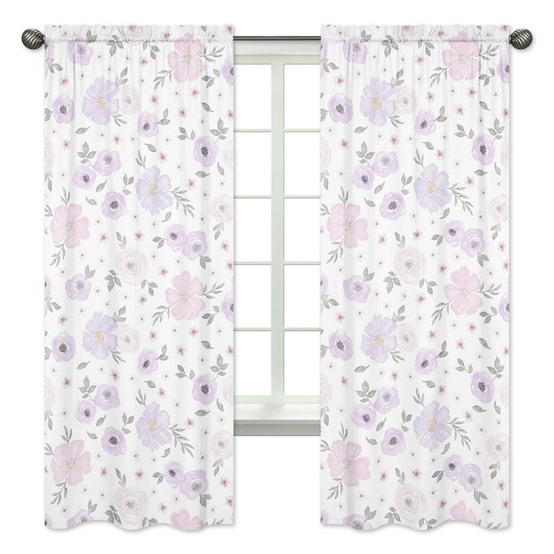 Sweet Jojo Designs Lavender Purple, Pink, Grey and White Window Treatment Panels Curtains for Watercolor Floral Collection - Set of 2 - Rose Flower - Image 1
