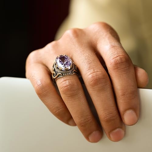 Babylon Silver Genuine Solid 925 Sterling Silver Ring for Men Accented with bronze, Faceted Simulated Purple Amethyst Stone, Authentic Vintage Turkish Ottoman Style (Amethyst, 6) - Image 3
