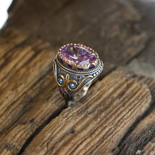Babylon Silver Genuine Solid 925 Sterling Silver Ring for Men Accented with bronze, Faceted Simulated Purple Amethyst Stone, Authentic Vintage Turkish Ottoman Style (Amethyst, 6) - Image 2