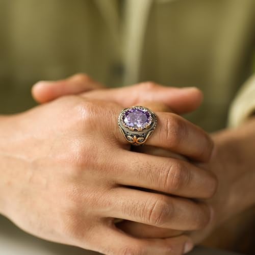 Babylon Silver Genuine Solid 925 Sterling Silver Ring for Men Accented with bronze, Faceted Simulated Purple Amethyst Stone, Authentic Vintage Turkish Ottoman Style (Amethyst, 6) - Image 4