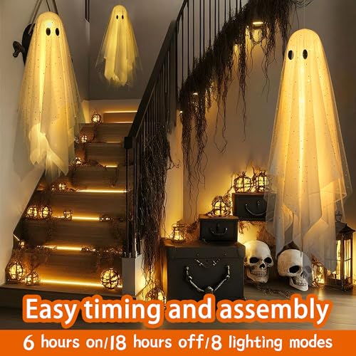 AYGXU Halloween Decorations outdoor/indoor-3pcs Hanging Ghost Decor with Light,Halloween Ornaments,Hallowee n Decor for Tree,Yard,Window,Garden - Image 2
