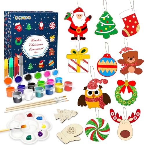 OCHIDO 36 Pcs Wooden Christmas Ornaments for Hanging Decorations12 Styles Unfinished Wooden Slices with Holes for Paintable CraftsKid DIY Craft Gift Toys with Paint Set for Girls and Boys Ages 512 - Image 1