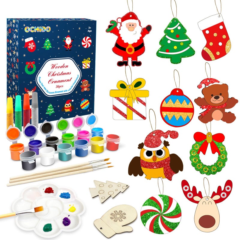 OCHIDO 36 Pcs Wooden Christmas Ornaments for Hanging Decorations12 Styles Unfinished Wooden Slices with Holes for Paintable CraftsKid DIY Craft Gift Toys with Paint Set for Girls and Boys Ages 512 - Image 2