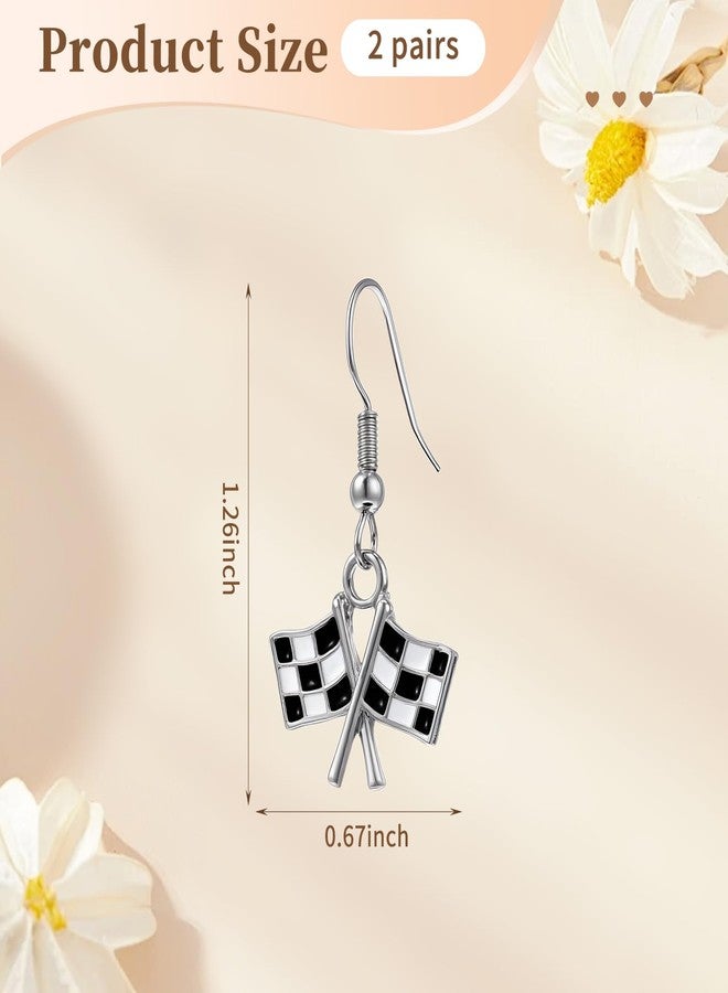 Clofiak 2 Pairs Checkered Flag Earrings for Women, Black and White Racing Earrings Charm Dangle, Race Car Earring for Racing Fans and Race Day Accessories - Image 2