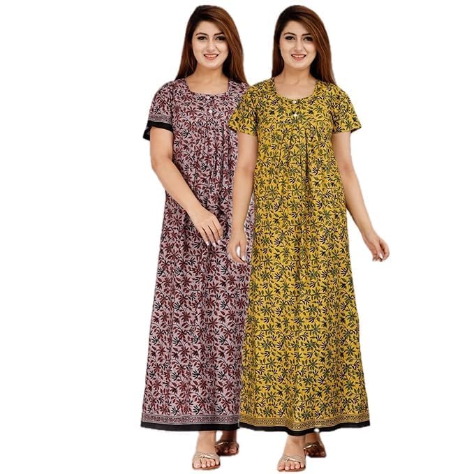 YUKATA Nighty for Women Cotton Printed Maxi Gown Ankle Length Nighty Night Dress Gown for Women Maxi - Free Size (Pack of 2) (Free Size, Light&Musterd) - Image 1