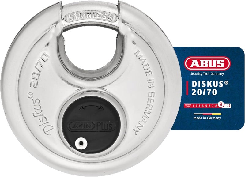 ABUS - Diskus 20/70 Padlock with Key (2.75") 70mm - Heavy Duty Stainless Steel - Cut, Rust & Drill Resistant - Storage & Outdoor - Pad Lock with 2 Keys (Keyed Different) - Commercial & Home Security - Image 1