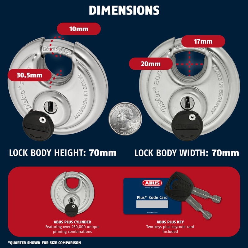 ABUS - Diskus 20/70 Padlock with Key (2.75") 70mm - Heavy Duty Stainless Steel - Cut, Rust & Drill Resistant - Storage & Outdoor - Pad Lock with 2 Keys (Keyed Different) - Commercial & Home Security - Image 3