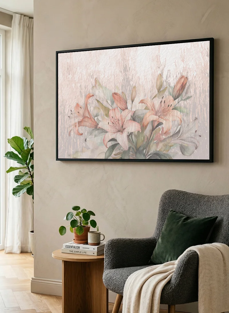 LOWHA Canvas Wall Art Stretched Over Wooden Frame with Black Floating Frame and Flowers Abstract Design