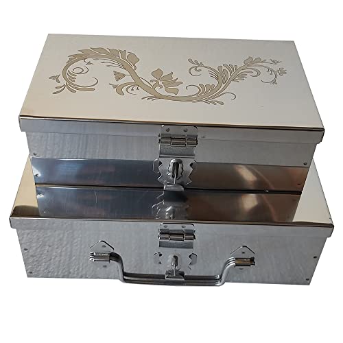 GvanyS Steel Storage Boxes,Cash, Pooja Peti,Organizer,Safe Locker Box 8 inch & 9 Inch, Storage Box (Steel) With Laser Print Design (Smal & Medium) - Image 1