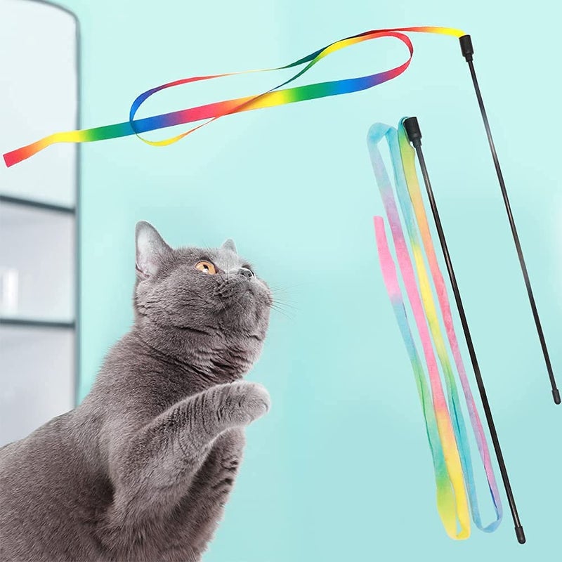 Qpets® ® 2 Pcs Cat Rainbow Wand Toys,Satin & Elastic Teaser for Kittens & Adult Cats - Indoor Exercise, Fun Games, Stress Relief - Image 5