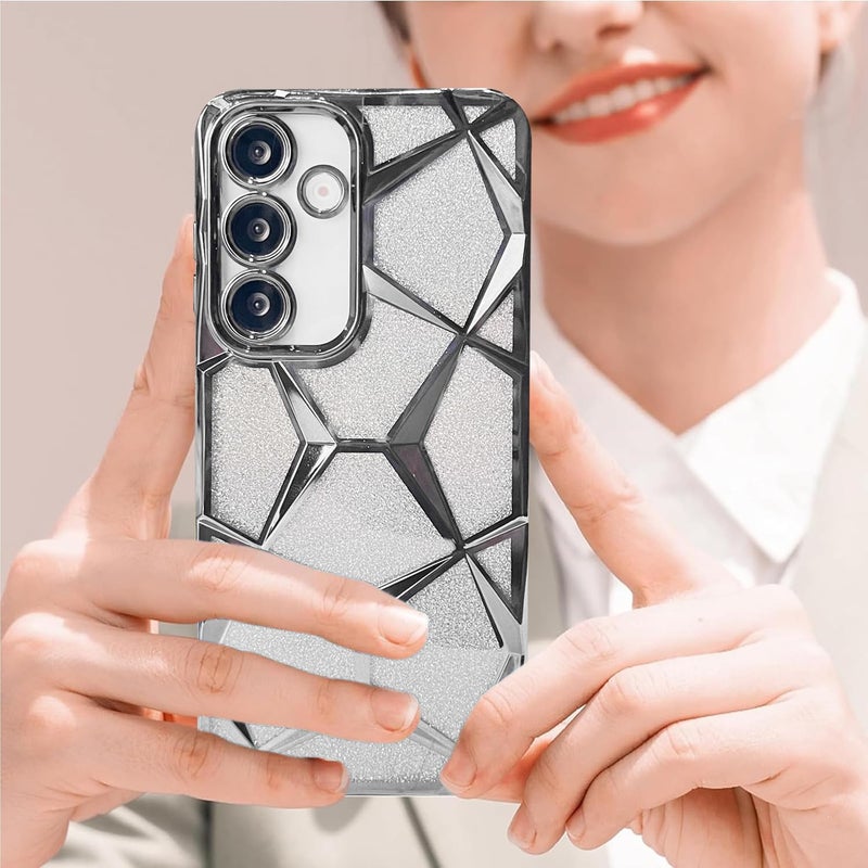 VONZEE Gradient Glitter Case for Samsung S24 FE, Luxury Electroplated 3D Cube, Diamond Bling Shiny Soft TPU Clear Shockproof Women Girls Protective Phone Cover (Silver) - Image 5