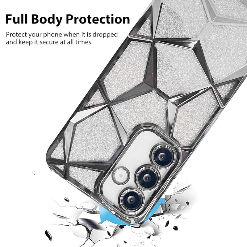 VONZEE Gradient Glitter Case for Samsung S24 FE, Luxury Electroplated 3D Cube, Diamond Bling Shiny Soft TPU Clear Shockproof Women Girls Protective Phone Cover (Silver) - Image 3
