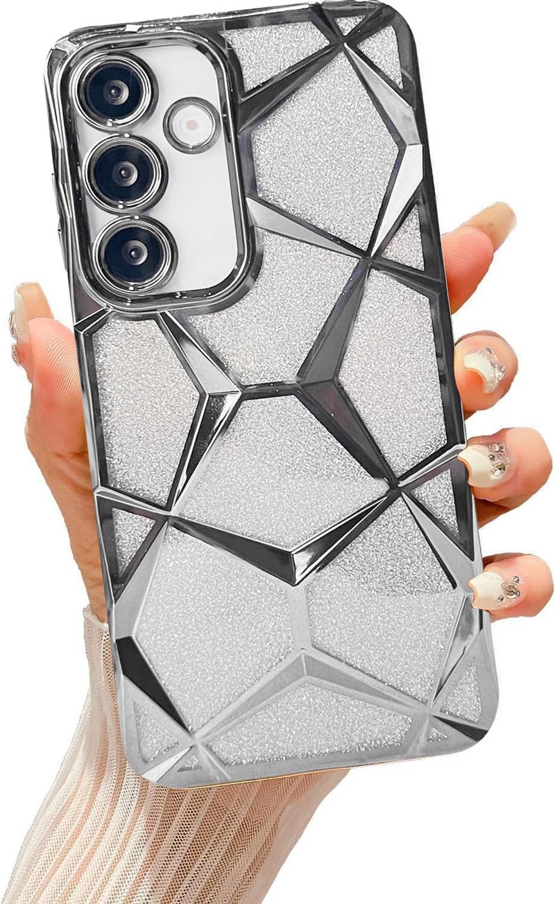 VONZEE Gradient Glitter Case for Samsung S24 FE, Luxury Electroplated 3D Cube, Diamond Bling Shiny Soft TPU Clear Shockproof Women Girls Protective Phone Cover (Silver) - Image 1