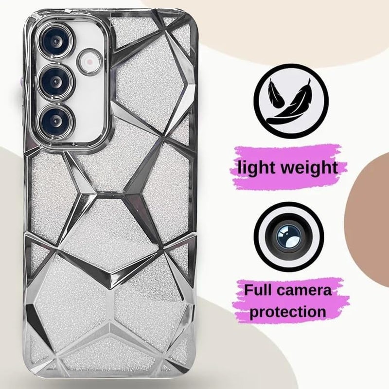 VONZEE Gradient Glitter Case for Samsung S24 FE, Luxury Electroplated 3D Cube, Diamond Bling Shiny Soft TPU Clear Shockproof Women Girls Protective Phone Cover (Silver) - Image 2