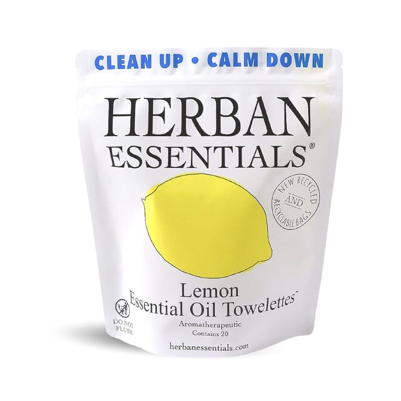 Herban Essentials Lemon Towelettes  Essential Oil Wipes for Hands Face and Body  Moist Individually Wrapped Wipes  20 Count