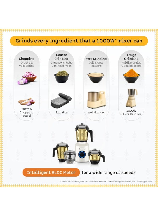 Atomberg Zenova Special Edition Mixer Grinder | Unique Coarse Mode for Silbatta-like Texture | BLDC Motor | Safety Features | 4 Jars including Chopper| Hands-Free Operation| Heritage Brass Pearl White - Image 3