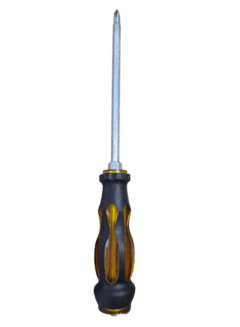 2 in 1 screwdriver with two different shaped magnetic heads, attached to the bottom with a piece of metal that acts as a hammer , multi-use