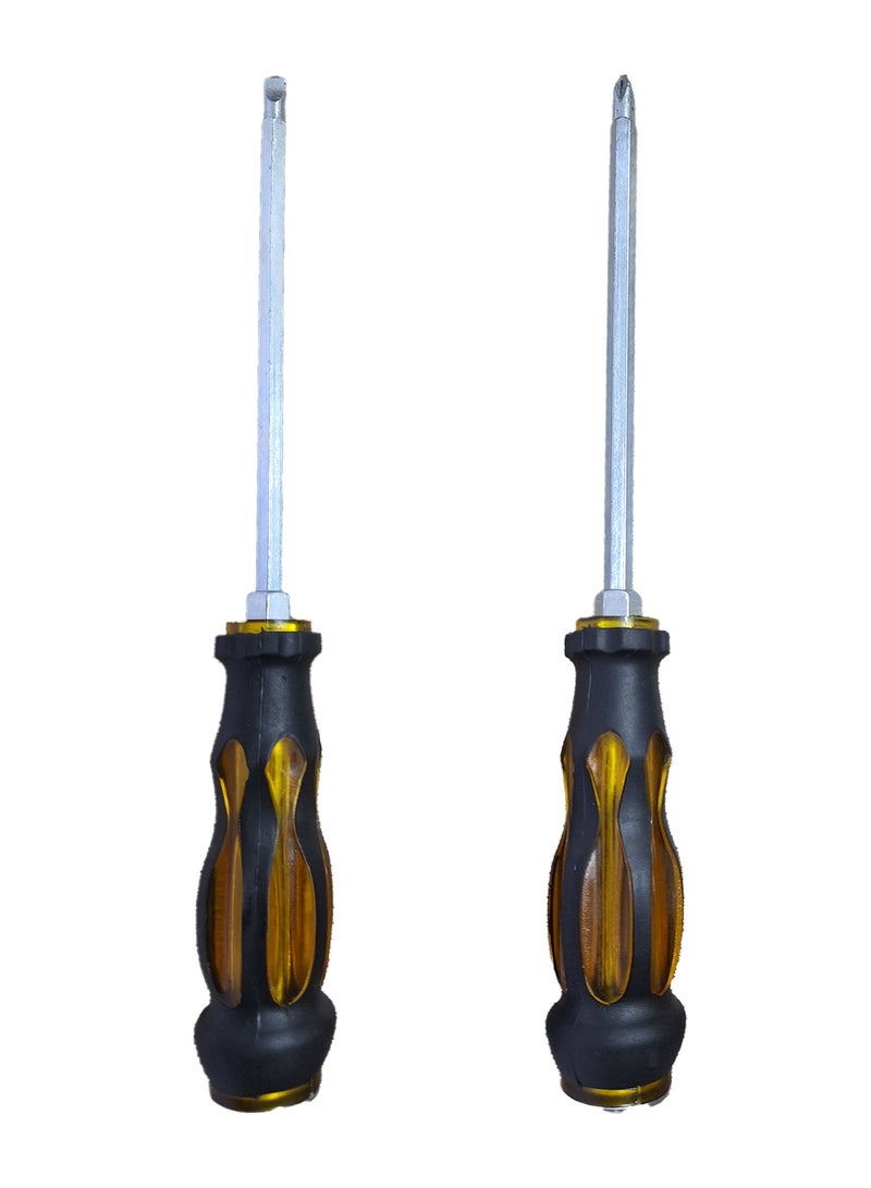 2 in 1 screwdriver with two different shaped magnetic heads, attached to the bottom with a piece of metal that acts as a hammer , multi-use